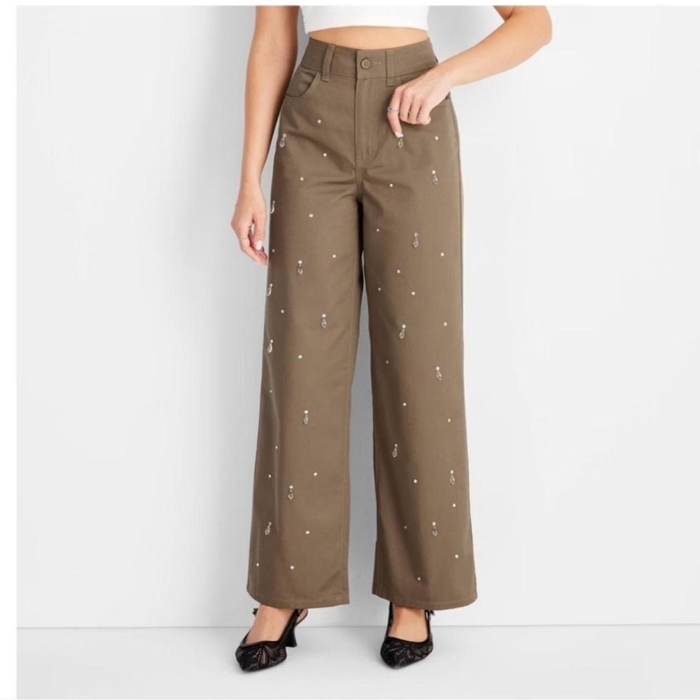 Future Collective Women's Holiday Mid Rise Embellished Pants Olive Green Size 12